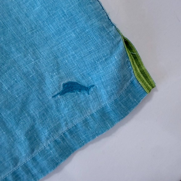Tommy Bahama Mens XL Linen Short Sleeve Button Up Shirt Aqua Blue Marlin Logo - Picture 5 of 10